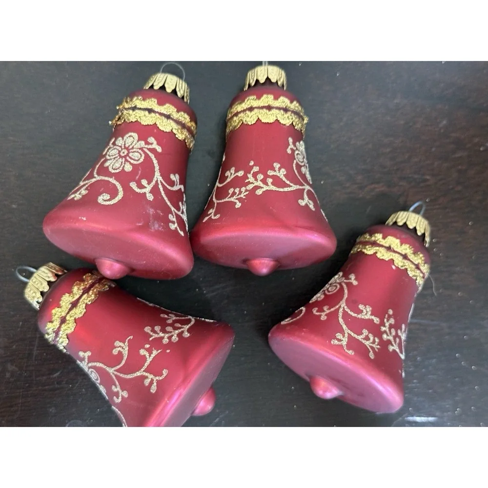 CHRISTMAS BY KREBS Glass BELL Ornaments Red w/ Gold Glitter Set of 4 No Box